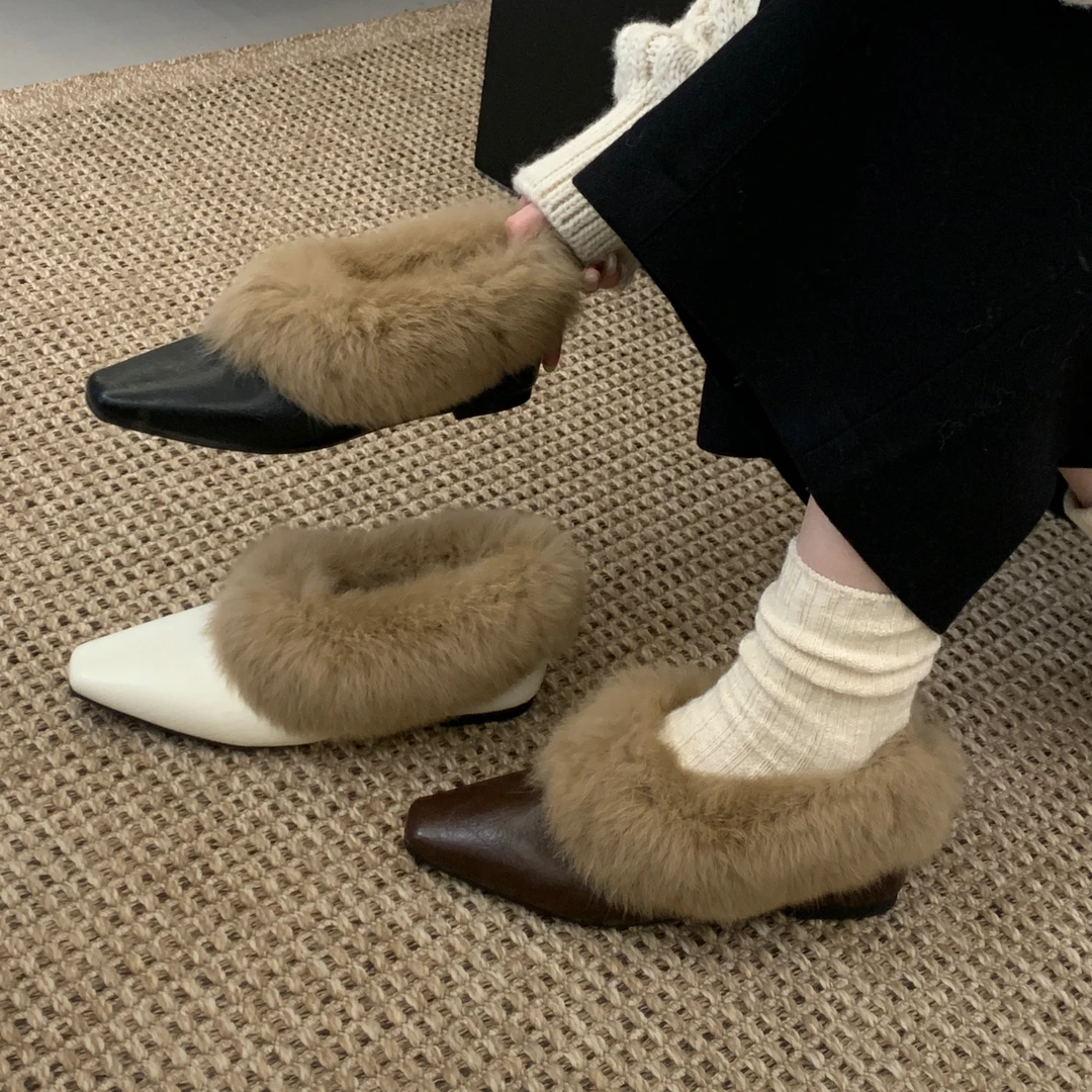 团团家 T5-8 小方头粗跟毛毛鞋一脚蹬复古加绒玛丽珍单鞋通勤保暖