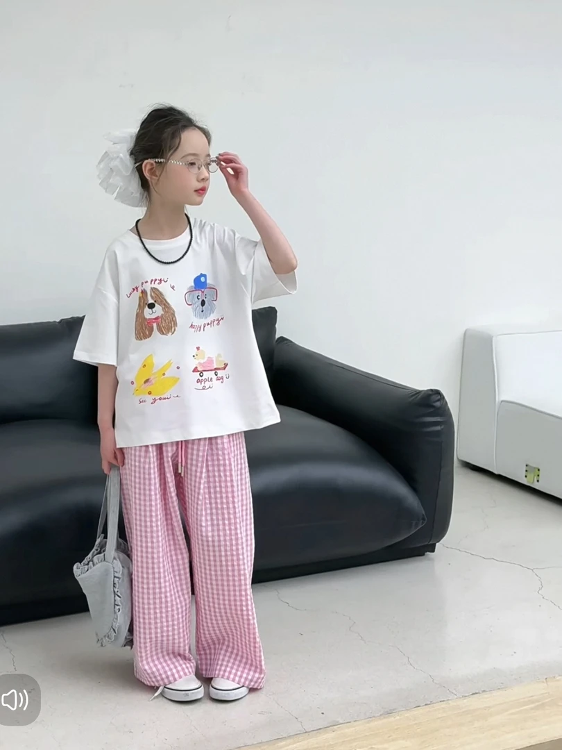 965自营品牌-2025夏款新品小狗格纹套装女大童