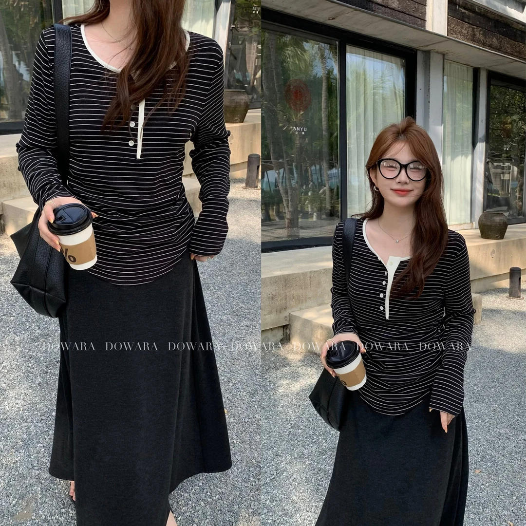 现货大婉酱微胖定制韩系条纹长袖T恤女春季气质圆领上衣7770D