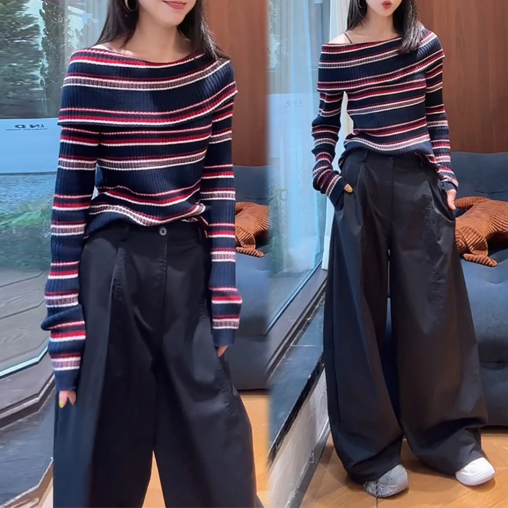 小众炸街设计感套装女2025春秋新款条纹露肩针织长袖阔腿裤两件套