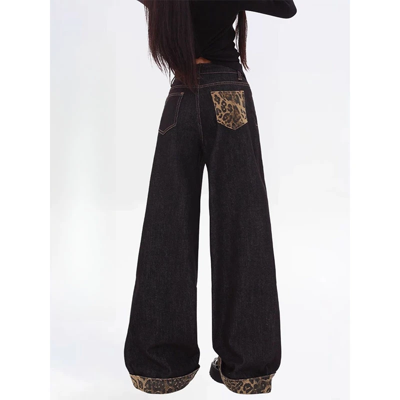 大码美式黑色卷边豹纹阔腿高腰牛仔裤女春秋胖mm宽松慵懒风长裤子