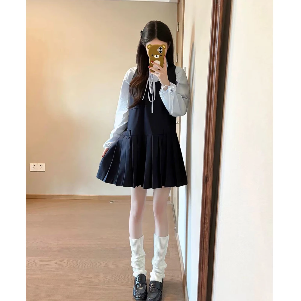 时尚学院风套装女设计感甜美背带连衣裙休闲蓝色衬衫女百褶短裙