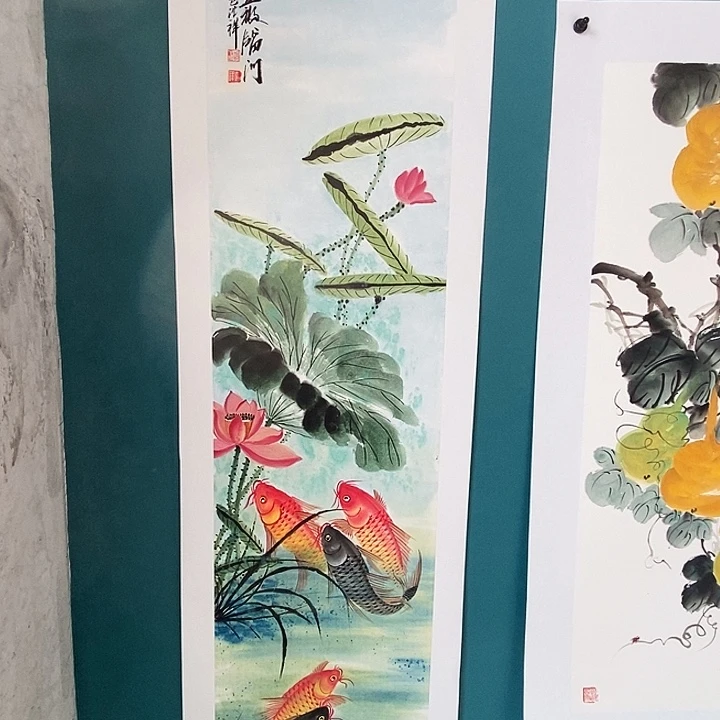 国画四尺对开手绘花鸟