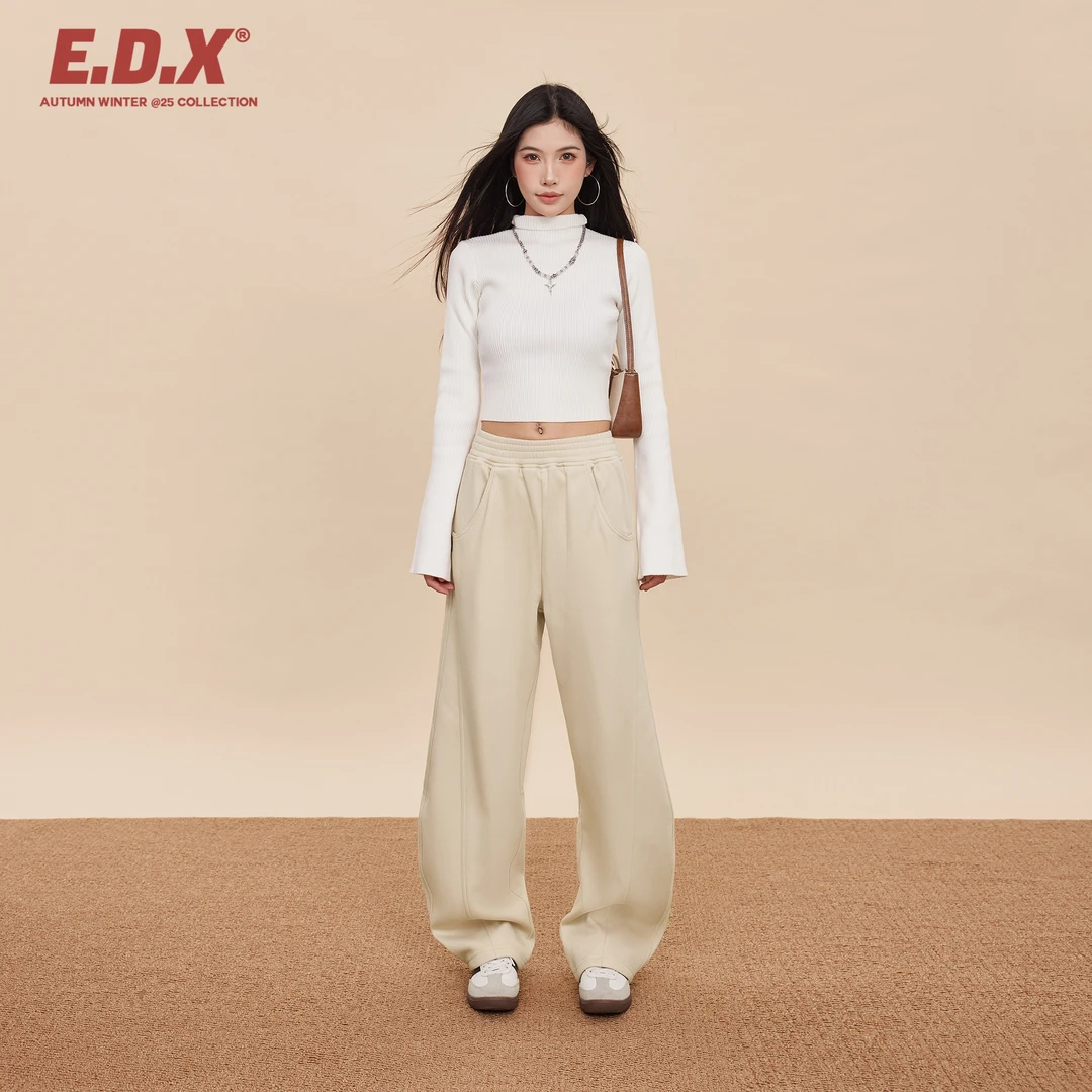 EDX杏色阔腿运动裤女2025秋冬款显瘦弯刀裤宽松休闲百搭香蕉裤