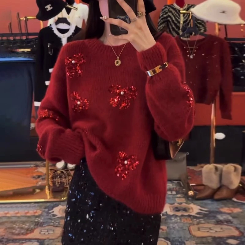 新年红色毛衣女秋冬季慵懒高级感加厚宽松重工亮片打底针织衫上衣
