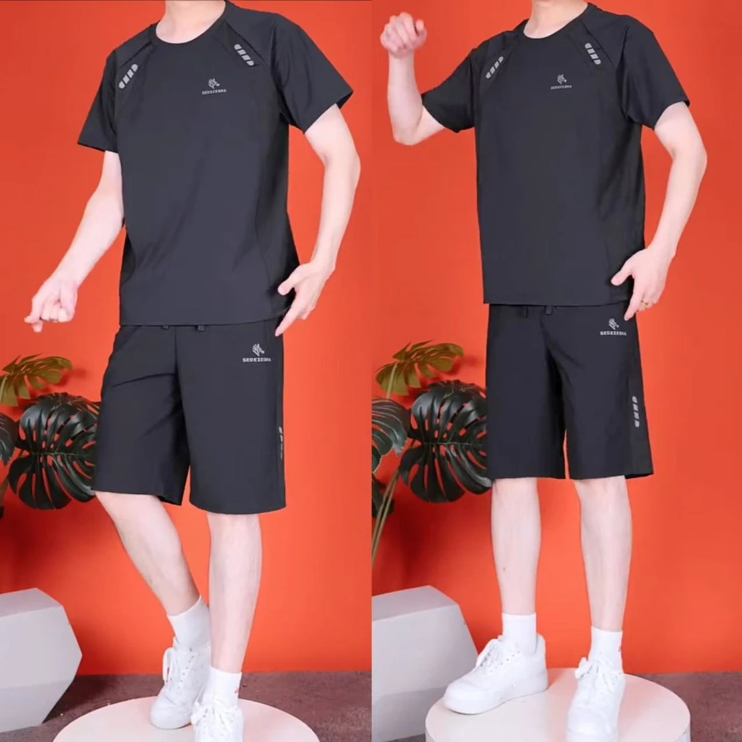 男士速干网眼运动套装大码男款户外休闲夏季透气宽松薄款跑步圆领