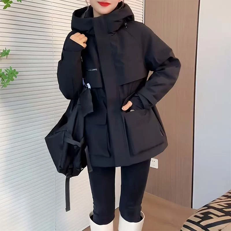 欧货时尚收腰棉衣女士冬季新款小个子工装收腰连帽加厚派克服外套