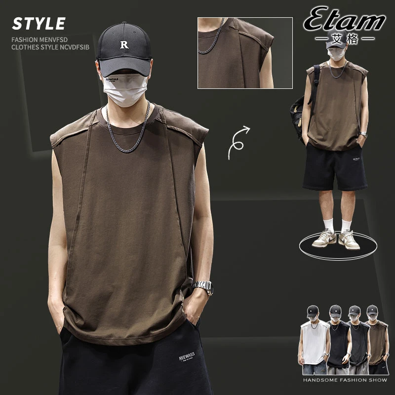 艾格美式复古坎肩t恤男夏季宽松圆领无袖背心2025新款休闲上衣服