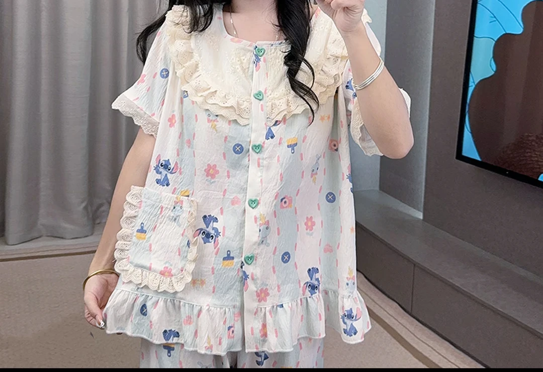 162-夏季女士可爱满印史迪仔带胸垫套装