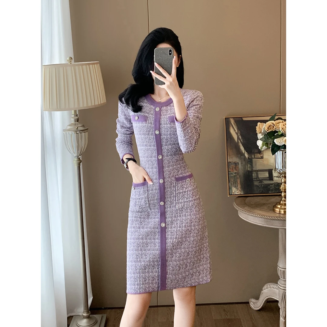 法式气质针织连衣裙2025新款收腰显瘦高级感穿搭打底毛衣裙女秋冬