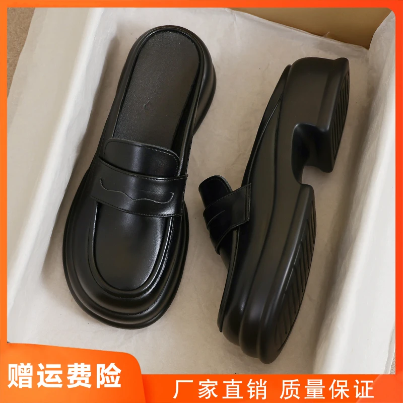 半包头拖鞋女2025新款夏季真皮黑色高跟凉拖懒人厚底34码外穿凉鞋
