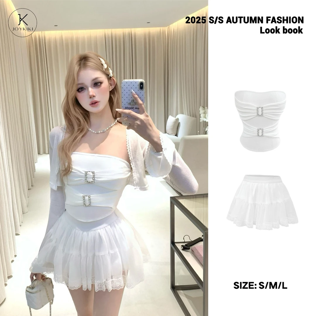 JOYKIKI金金【古早千金】秋季气质拼接钻扣设计上衣套装J25C182