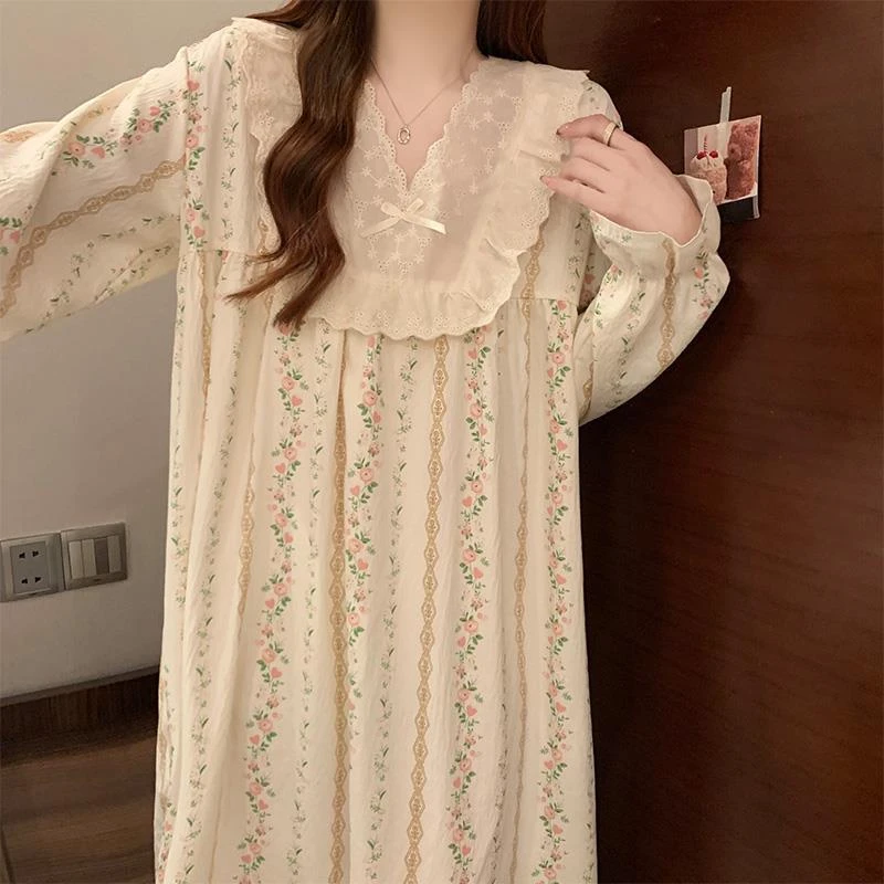 甜美公主风长袖睡裙女春秋季云朵棉睡衣花朵可外穿夏天薄款家居服