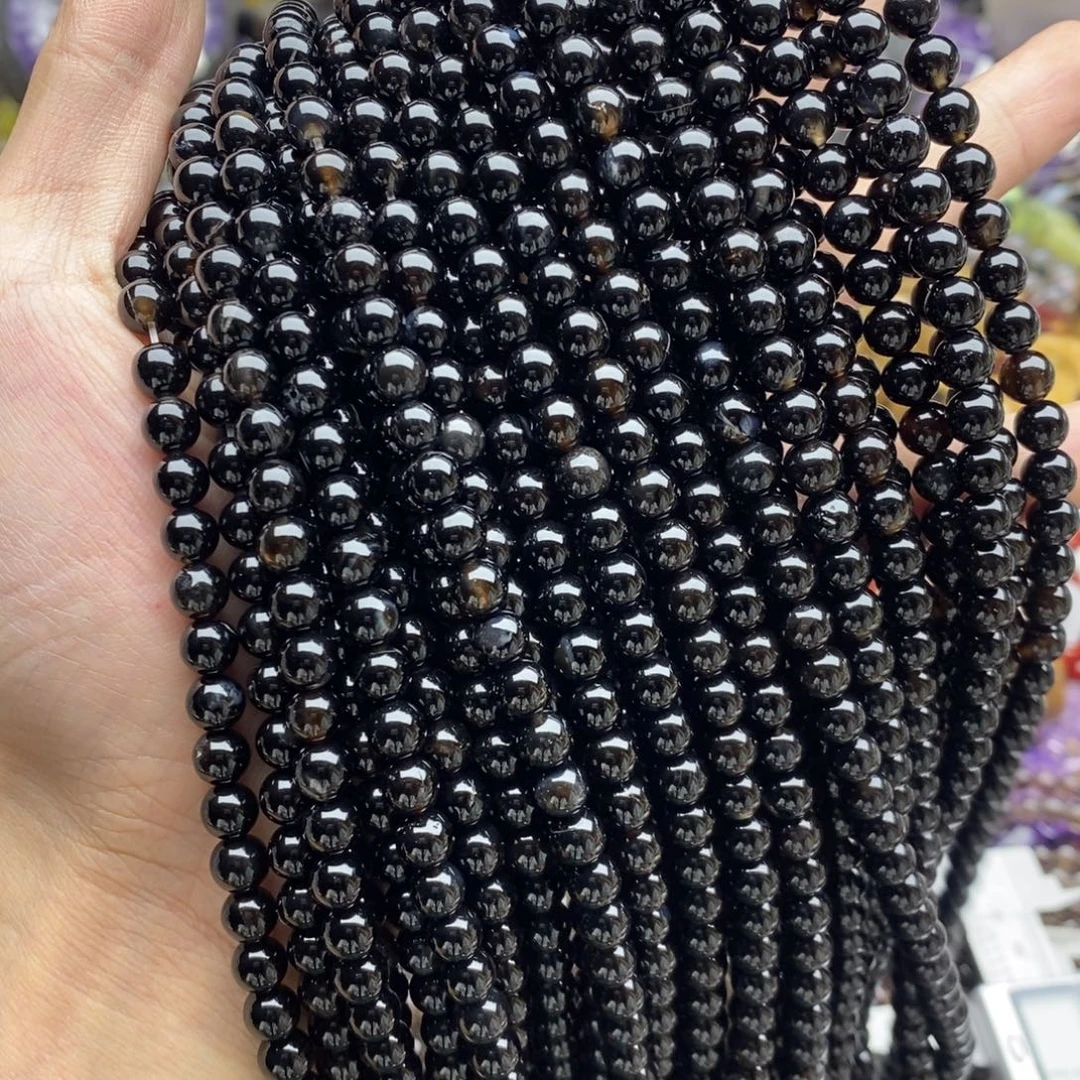 玛瑙/玉髓未镶嵌珠宝半成品一条天然6.5mm黑玛瑙圆珠