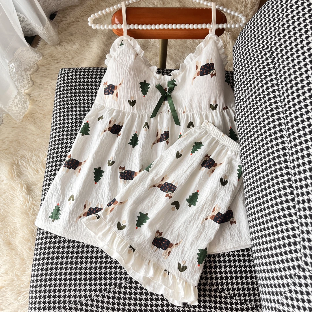 卡通夏季吊带睡衣两件套装少女款爆款2025新款带胸垫可外穿家居服