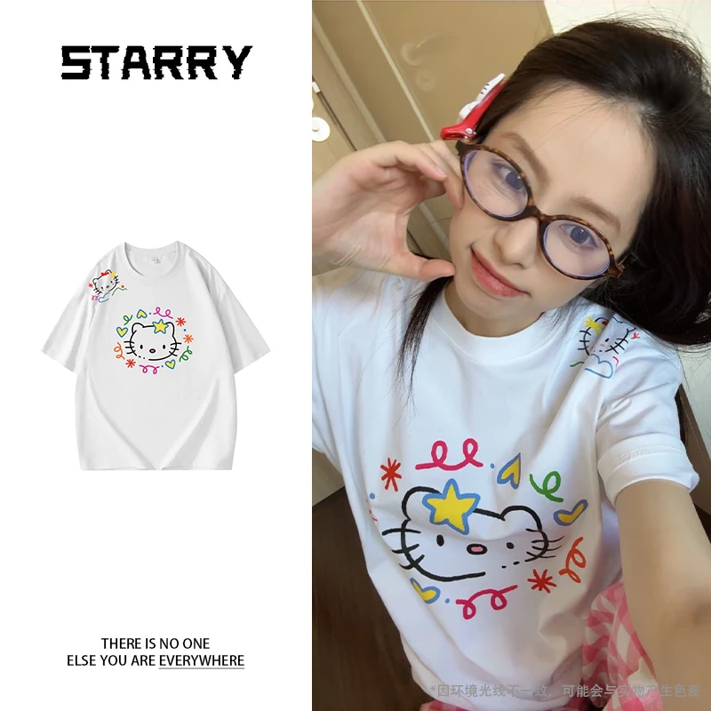 【240g 纯棉】2025夏季港风大落肩T恤男女同款简笔画KT猫印花