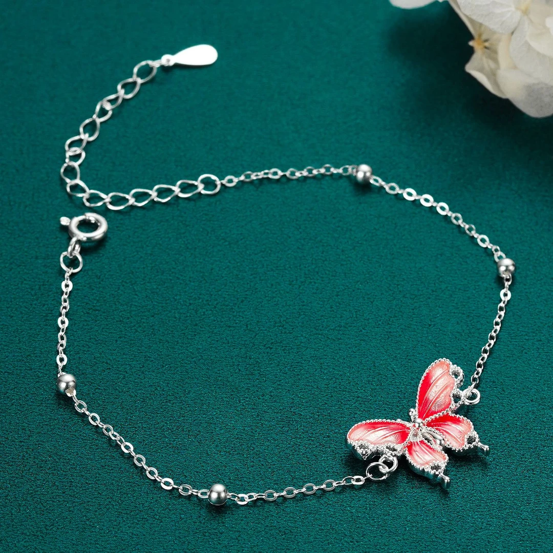 九乐 925银手链 925珐琅粉色蝴蝶圆珠手链