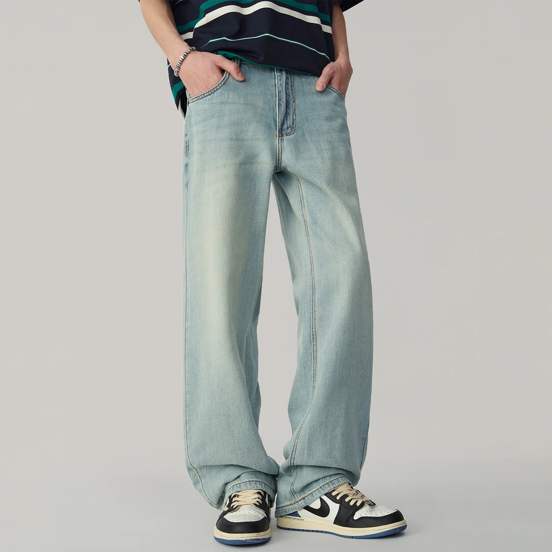 2025春夏新款莱赛尔天丝牛仔裤男水洗复古浅蓝色宽松直筒阔腿长裤