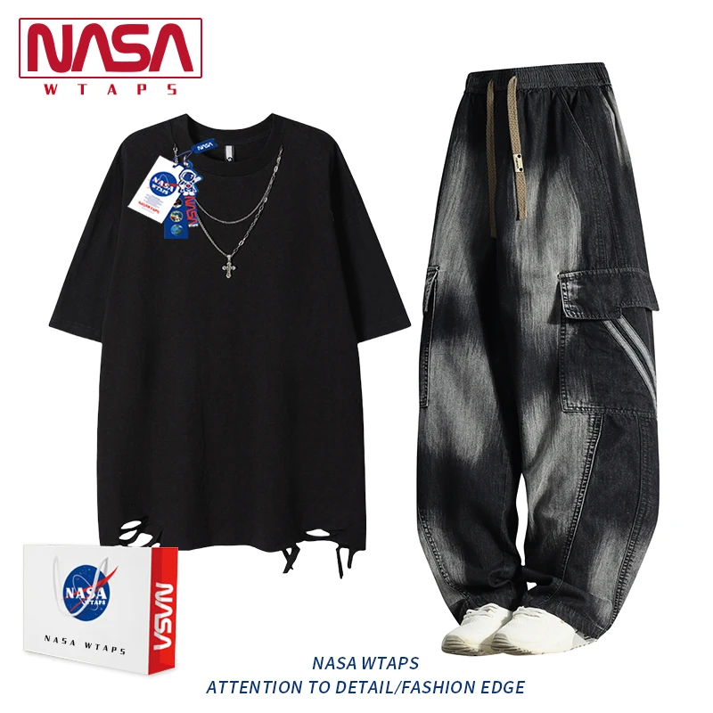 NASA WTAPS美式复古破洞短袖T恤男夏季宽松搭配休闲牛仔裤一整套
