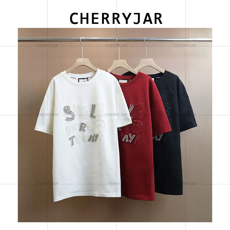 Cherryjar【福】休闲短袖春夏夏季T恤圆领复古印花套装涂鸦风