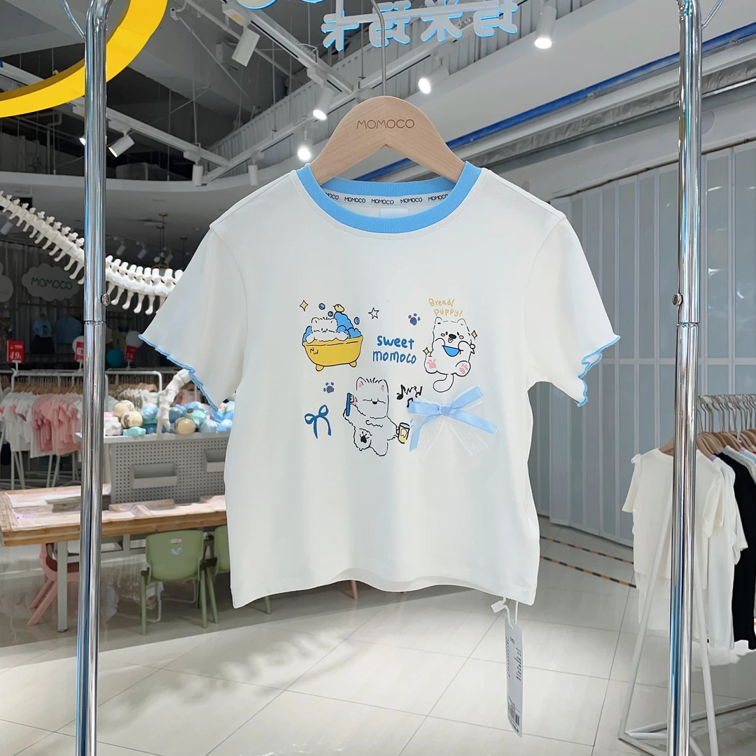 MOMOCO女童儿童夏季百搭洋气休闲宽松印花蝴蝶结T恤77630235198