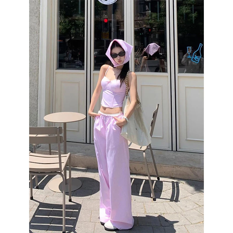 韩系休闲甜美粉紫色睡衣女夏季新款带胸垫吊带长裤可外穿家居套装