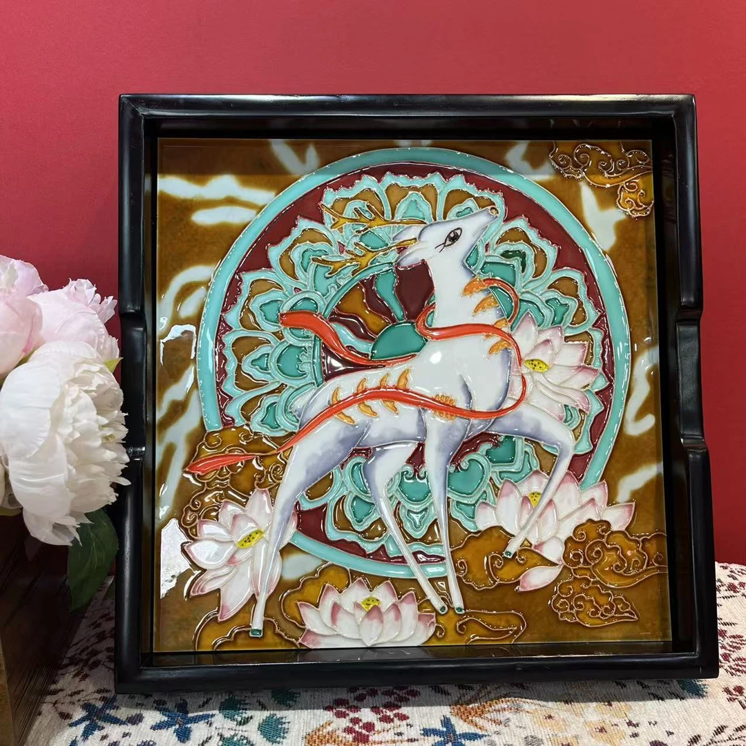 33*33双面老榆木手绘陶瓷长形精美双面装饰摆件