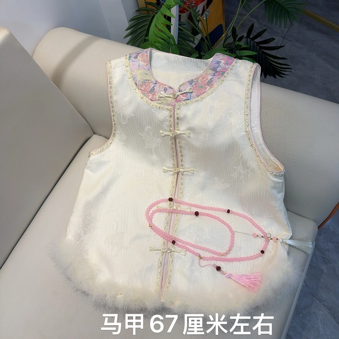 胖MM时尚小清新提花刺绣毛毛工艺国风圆领女秋季马夹时尚复古绣花