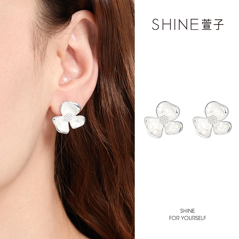 非金属仿珍珠耳饰 SHINE法式女清新甜美贝母花朵耳钉