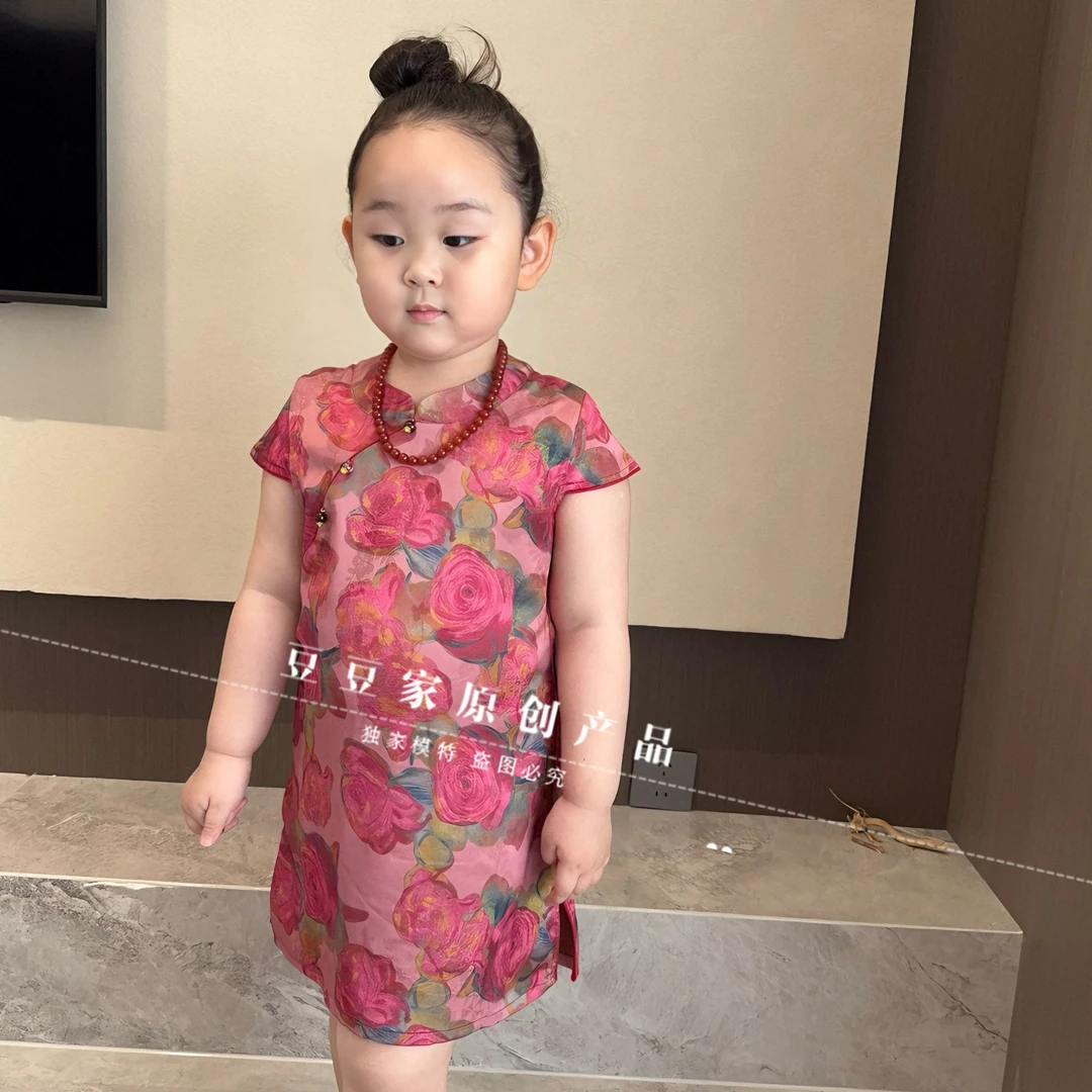 仿香云纱儿童旗袍A字裙新中式印花提花连衣裙碎花气质中国风红色