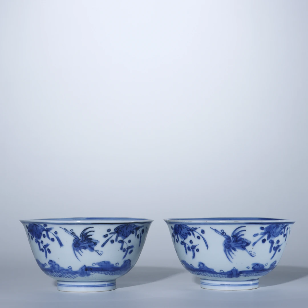 Lot.6224 109 明晚期-青花仙鹤寿桃碗（2只）D：14.8