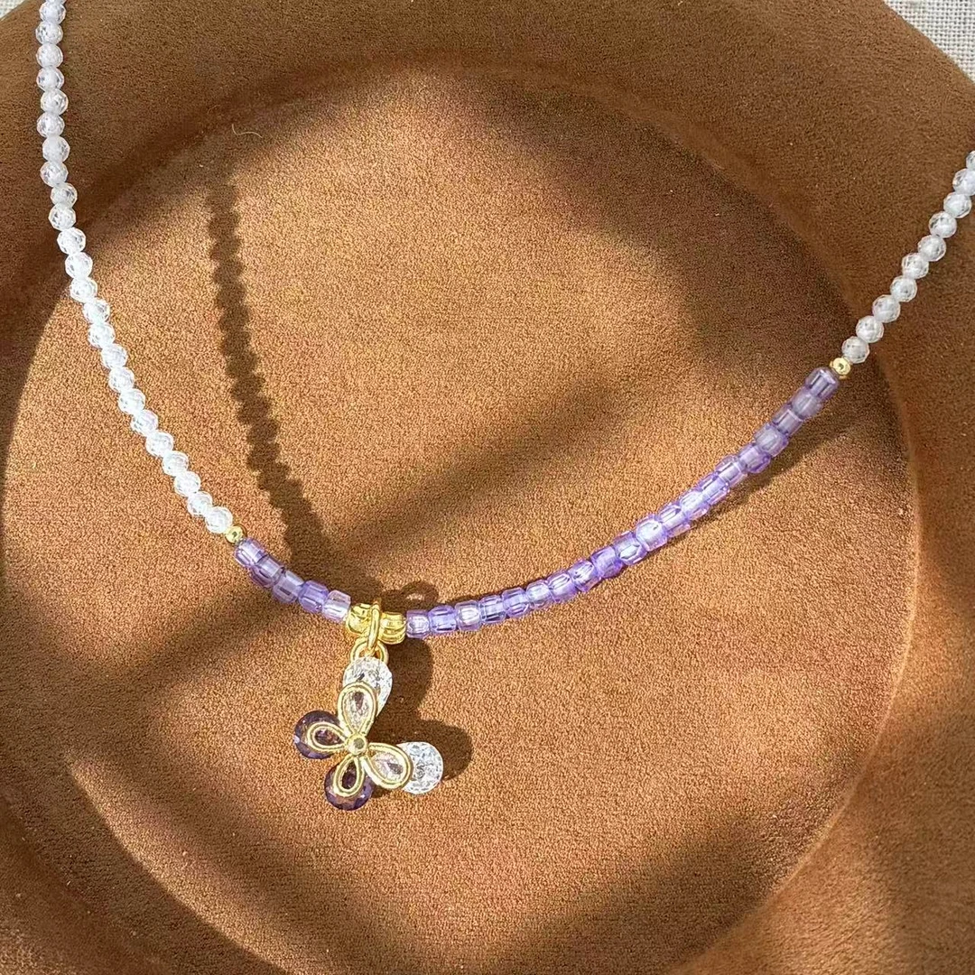 钛钢仿水晶项链 远远（YY596）紫色小蝴蝶镶嵌精致可爱风