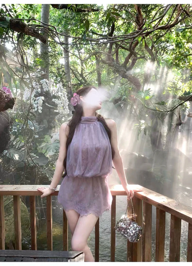 白月光穿搭紫色结挂脖网纱蕾丝收腰连衣裙女夏性感露背蝴蝶结短裙