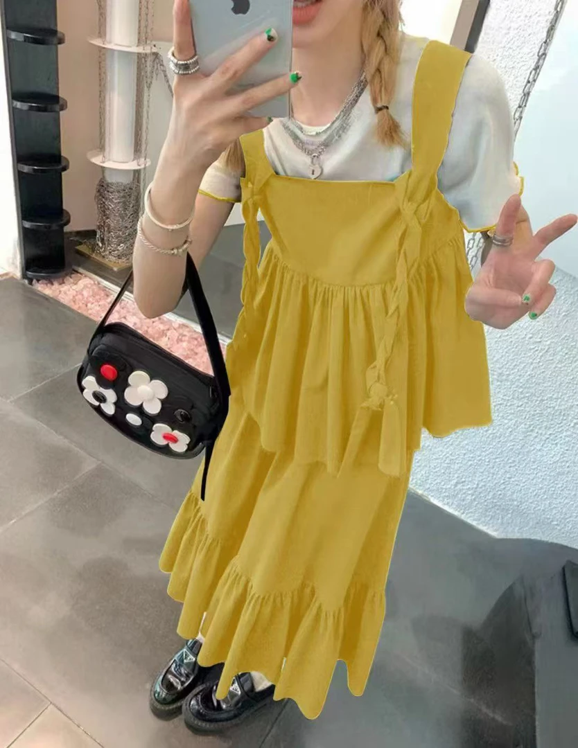 慵懒风荷叶边吊带背心短袖T恤半身裙三件套夏季新款时尚显瘦套装