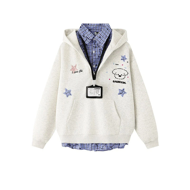 泡面妹妹paoni 美式vibe小狗刺绣衬衫领假两件卫衣女宽松连帽上衣