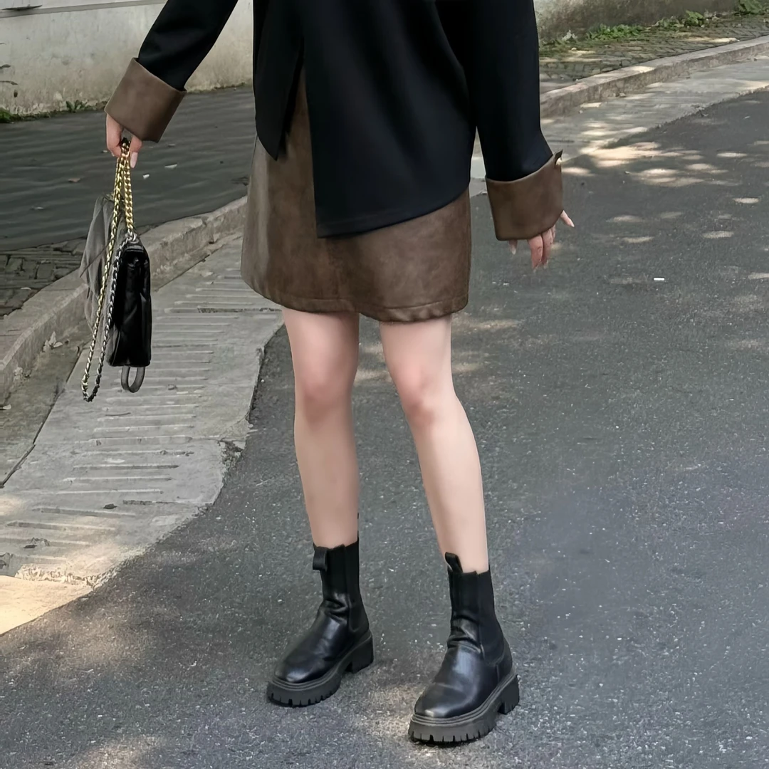 楠序【秋日漫步】源子微胖女装 2025秋显瘦半身裙皮半身裙YZ37093