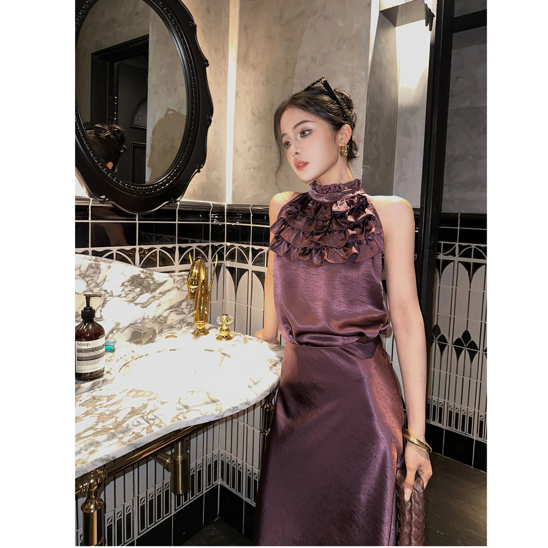 除于七“中式美学”紫色缎面蕾丝女春季辣妹收腰挂脖上衣 1976