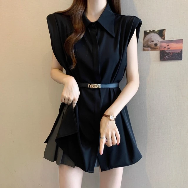 2025夏新款大码胖mm黑色Polo领无袖雪纺衬衫女显瘦收腰中长款上衣