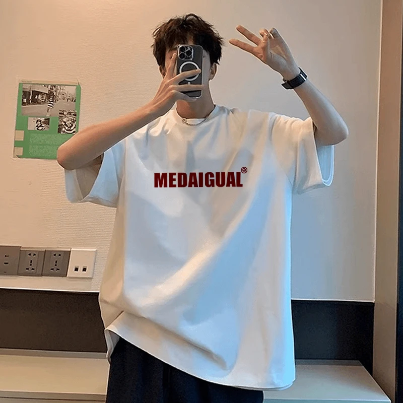 短袖男夏季重磅纯棉t恤青少年休闲简约宽松上衣百搭圆领运动半袖