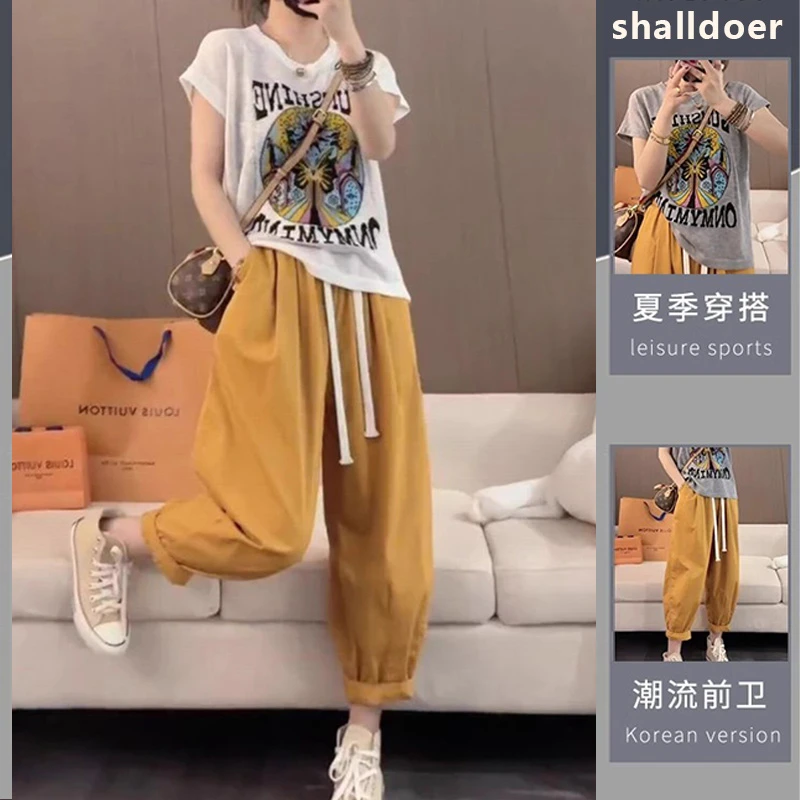 2025夏季潮流韩版设计感个性印花T恤搭配姜黄色休闲束脚裤套装女