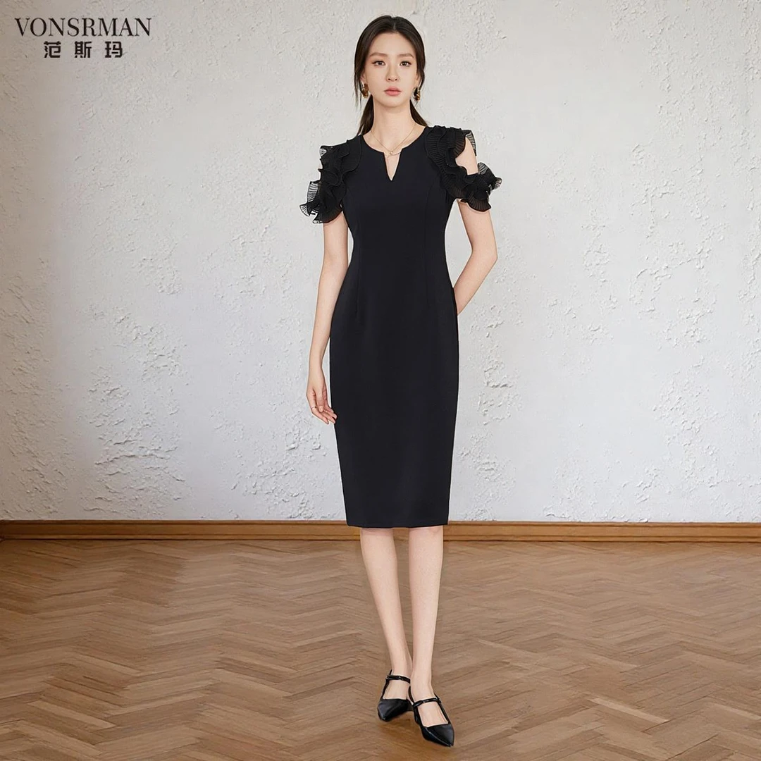 夏季新款法式优雅气质名媛风高端收腰显瘦黑色木耳边露肩连衣裙女