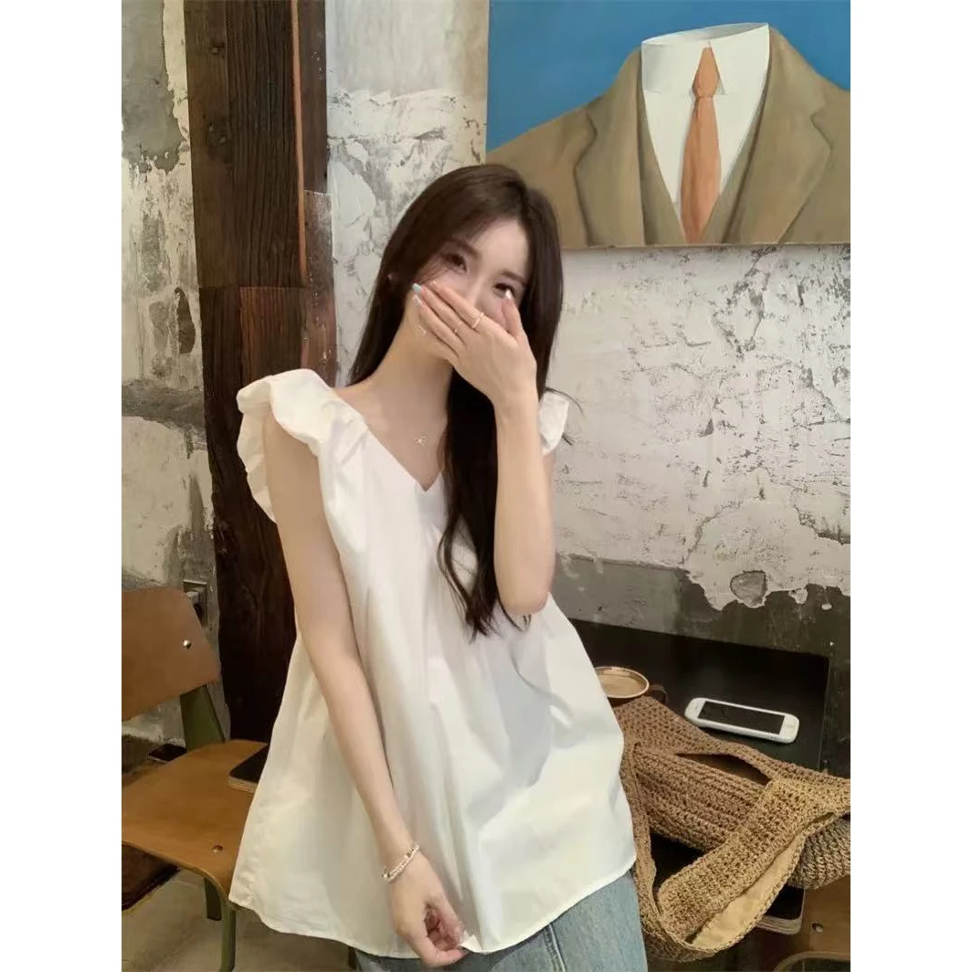 夏季新款设计感小众无袖衬衣女装宽松绑带小飞袖白色衬衫法式上衣