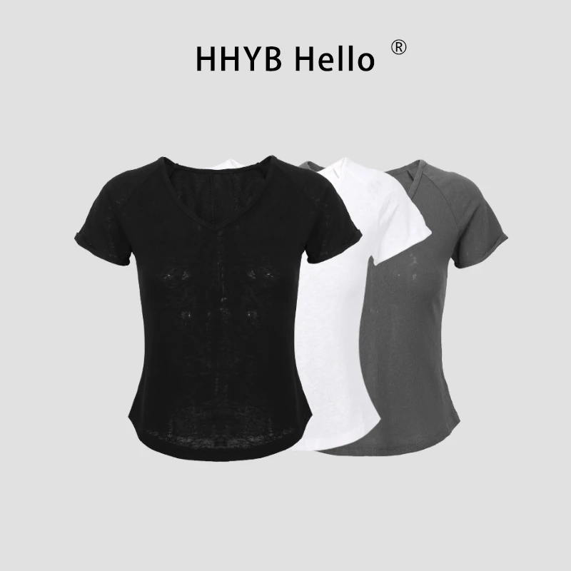 HHYB Hello薄款微透V领正肩短袖T恤女2025新款韩系慵懒上衣250398