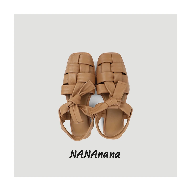 软绵绵软糯编织方头羊皮复古真皮凉鞋