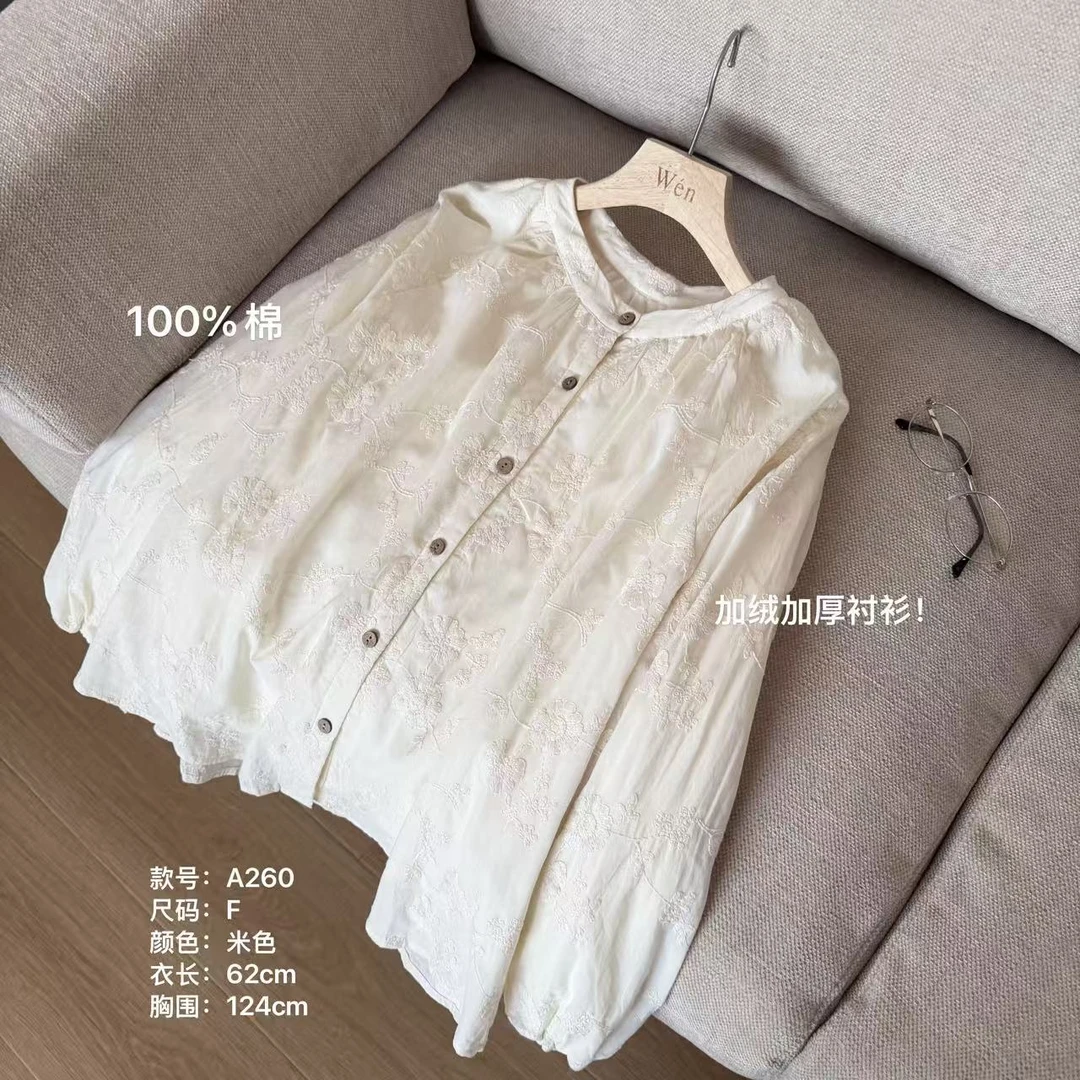 The Wén 加绒加厚刺绣单排扣通勤设计感衬衫上衣 A260