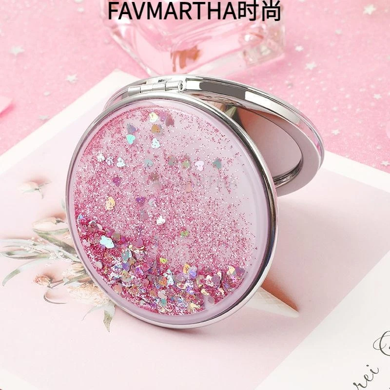 流沙双面化妆镜随身迷你小镜子可折叠学生便携小圆镜携带一面高清