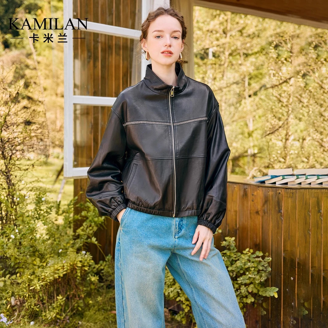 [绵羊皮]卡米兰短款真皮皮衣女2025秋季新款百搭绵羊皮机车服外套