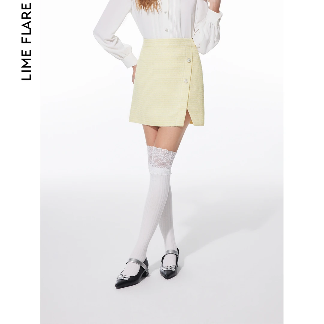莱茵米黄色高腰开叉半身裙显瘦气质短裙高级感LMFA18WSK136