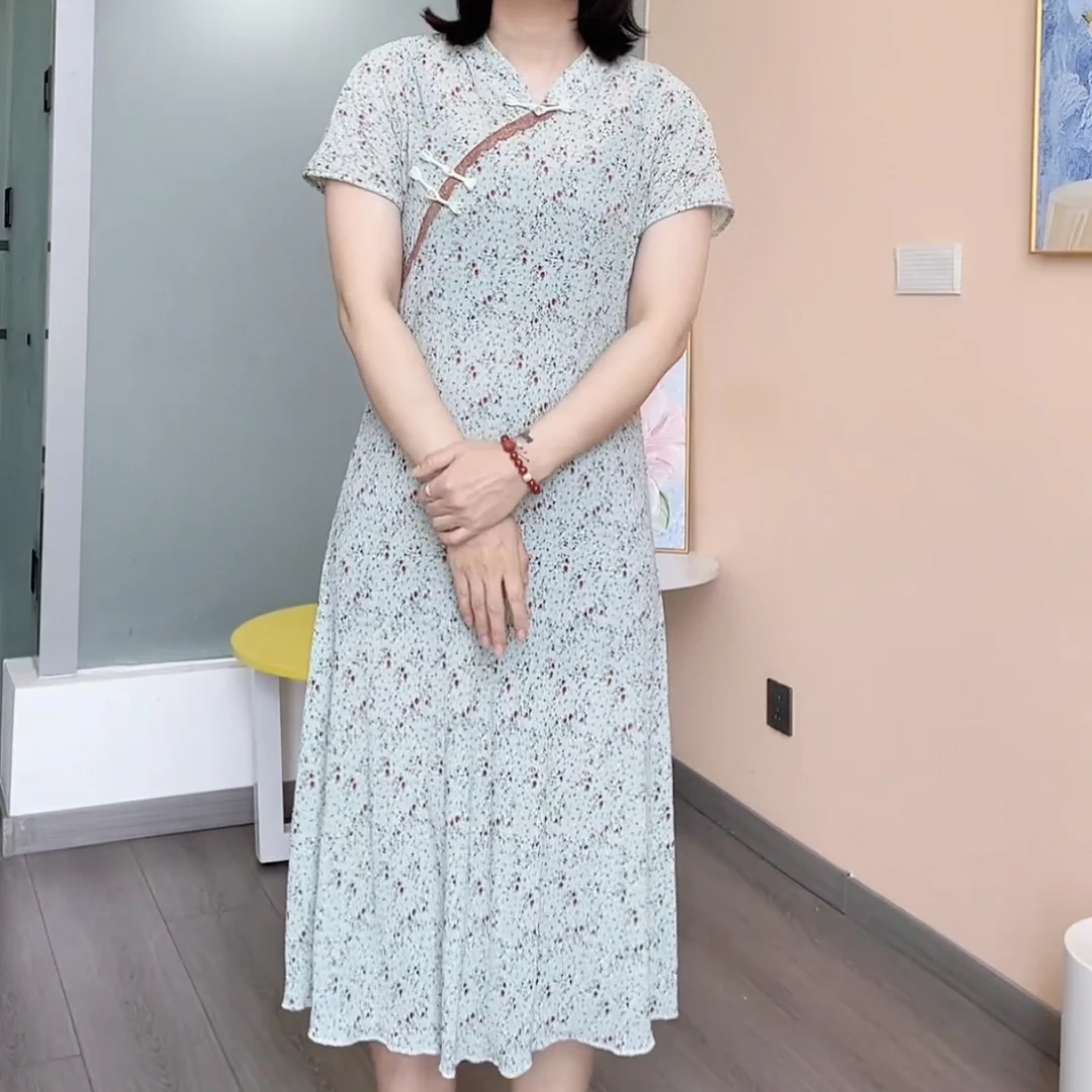 X中式国风碎花旗袍连衣裙S25527