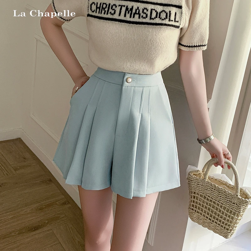 拉夏贝尔黑色百褶裙裤女夏休闲西装短裤高腰a字阔腿裤防走光裤裙